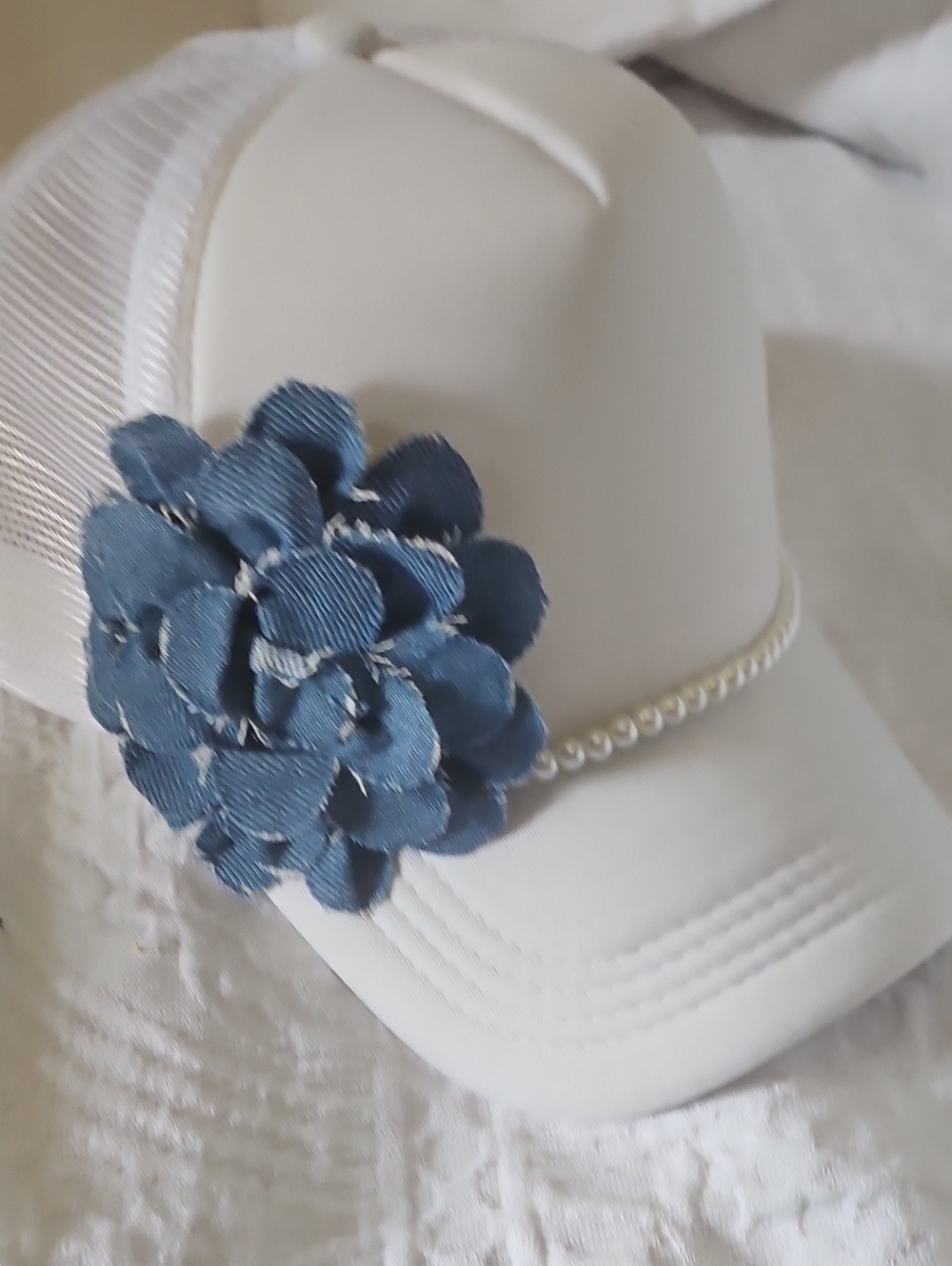 White Women's Baseball Cap with Blue Fabric Flower and Pearl Trim